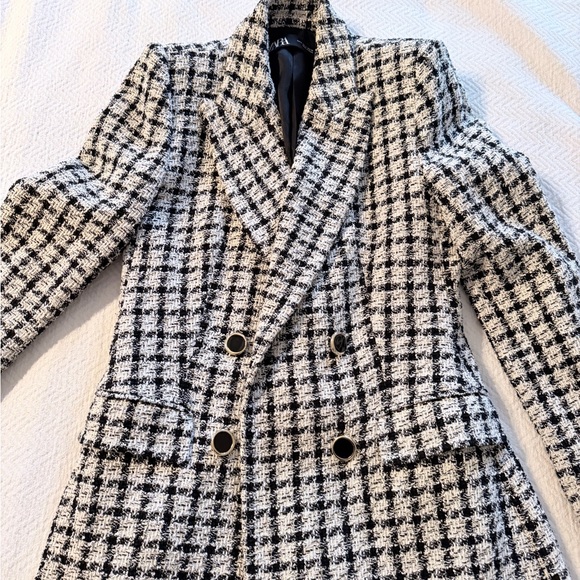 Zara Textured Double Breasted Black and White Houndstooth Plaid Pattern Blazer S - Picture 6 of 6